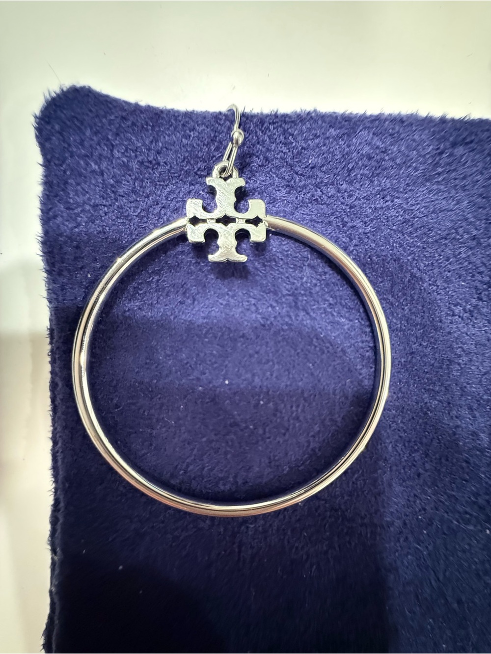 Tory Burch Silver Hoop Earrings with Logo Charm - Picture 3 of 4